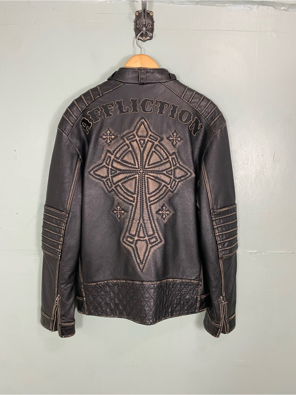 Affliction Limited Edition Buckle Leather‎ Jacket Black Cross XXL Men’s